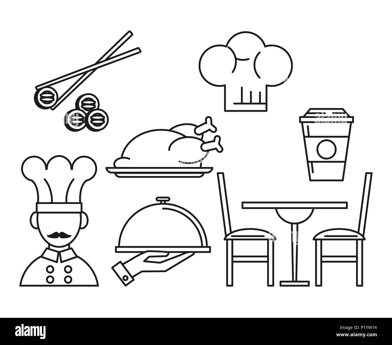 Set of restaurant and food icons black and white lines Stock Vector ...
