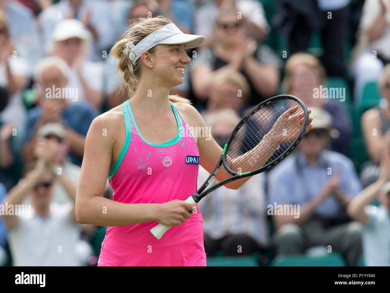 Mona Barthel celebrates beating Magdalena Rybarikova in the Nature Valley Open second round match at Nottingham Tennis Centre, Nottingham. Picture dat Stock Photo