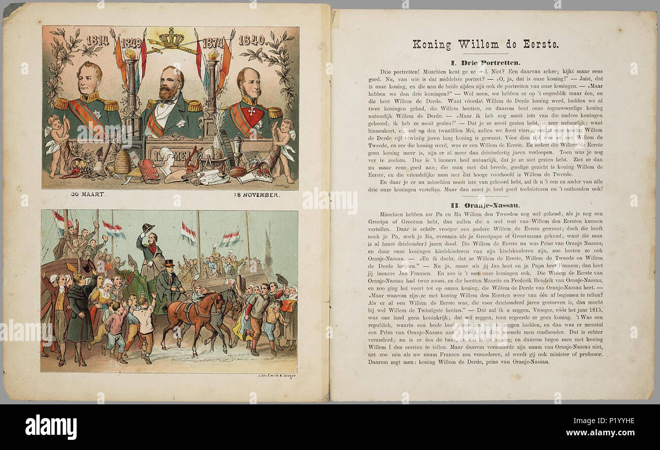 . Feestgeschenk voor onze jongens en meisjes bij het zilvren feest van Z.M. den Koning, 12 mei 1849-1874 / door P.J. Andriessen.  Boek waarin de vaderlandslievende jeugd wordt uitgelegd waarom de koningen Willem I, II en III zo belangrijk zijn. Met onder meer informatie over de strijd tegen de Belgen, de grondwet en de watersnood van 1861. Met 6 bladen waarop telkens twee gekleurde illustraties staan. De titelpagina is in zwart, rood en goud gedrukt. XII p., 6 bl. pl : gekl. lithogr // Omslagtitel // De keerzijde der illustraties is onbedrukt // Lithografieën gedrukt bij Emrik & Binger te Haar Stock Photo