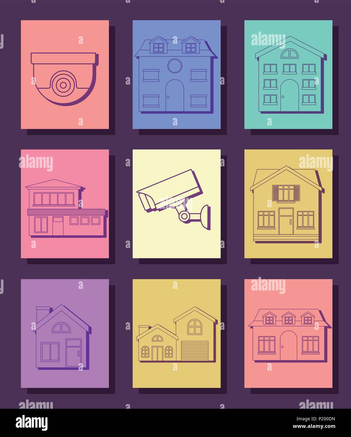 Icon set of smart home design over colorful squares and purple ...