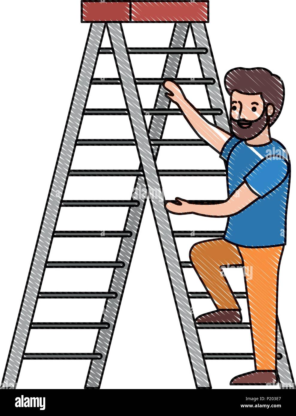 Cartoon Illustration Man Climbing Ladder High Resolution Stock