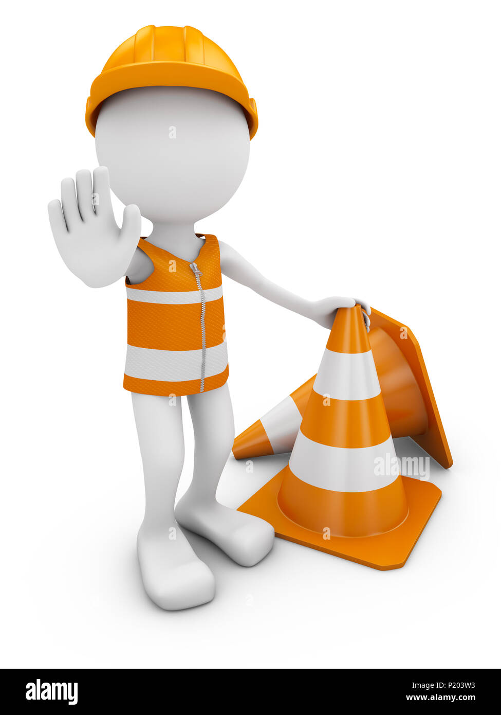 Road worker with helmet and traffic cones. 3d rendering Stock Photo - Alamy