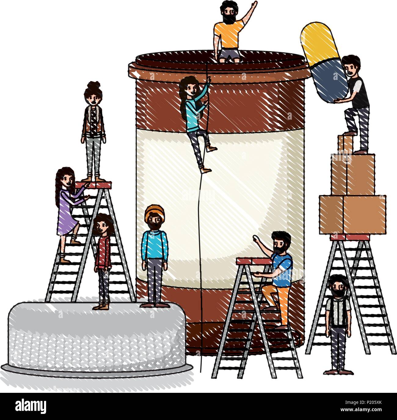 minipeople team working in bottle drugs Stock Vector