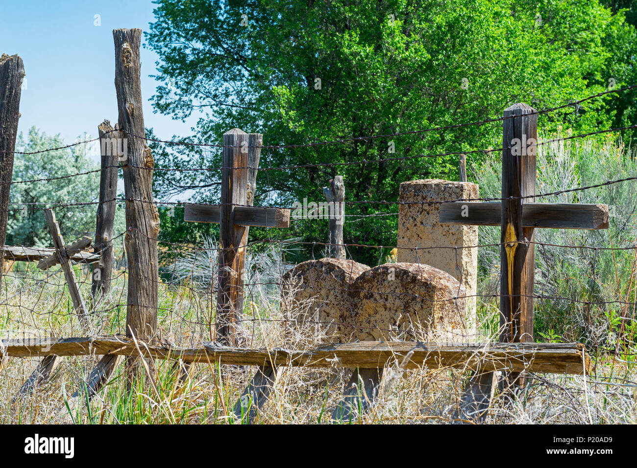 Old New Mexico Graveyard with Wood Crosses and Headstones,  an old Ladder and Barbed Wire Fence, Tall Grass and Trees. Stock Photo