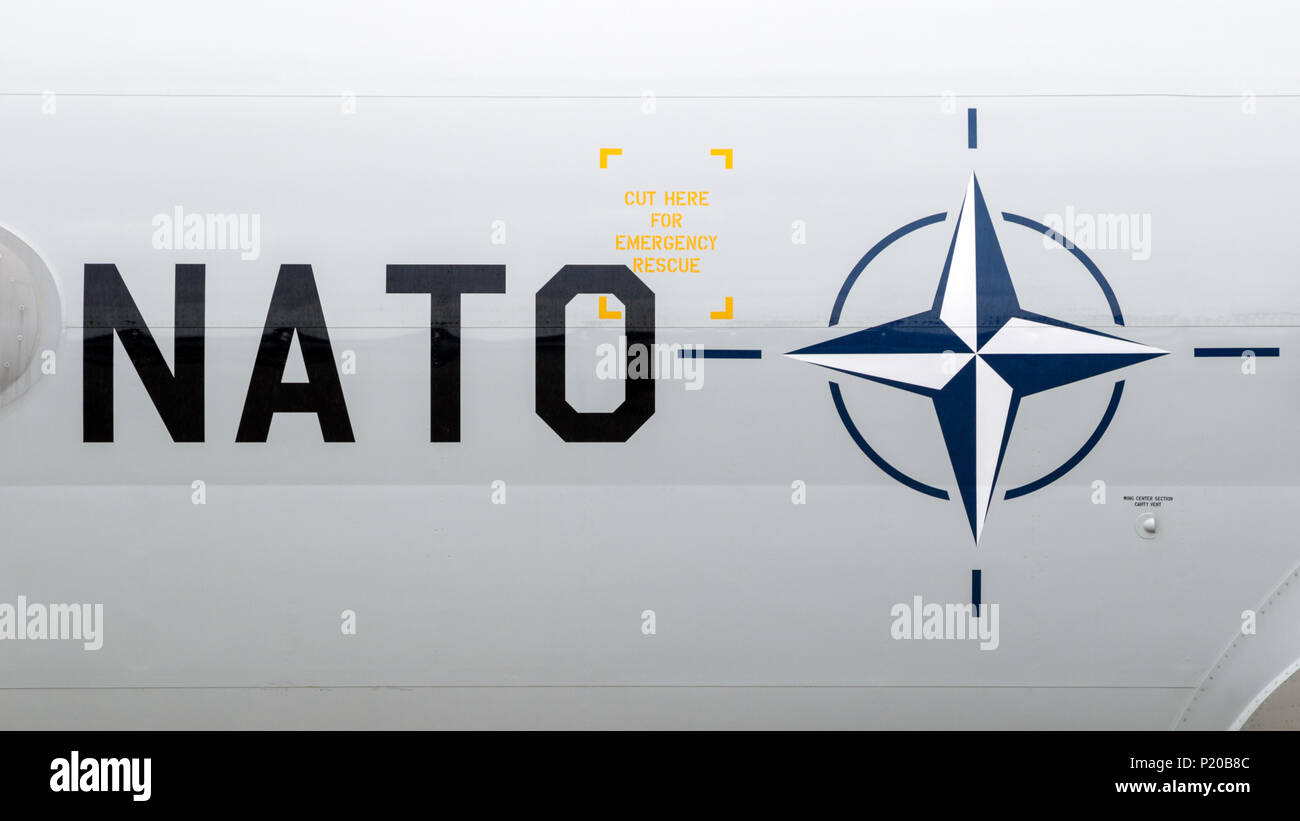 GEILENKIRCHEN, GERMANY - JULY 2, 2017: NATO text and logo on a AWACS E-3 Sentry radar plane at it's homebase Geilenkirchen airbase. Stock Photo