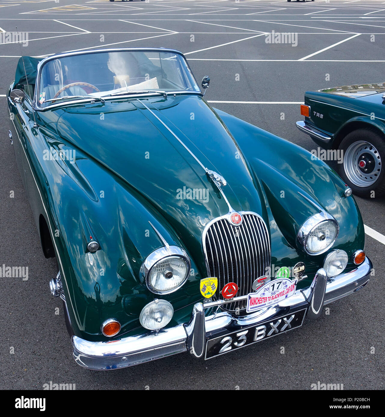 Classic Jaguar XK 150 sports car. At Fulwood Barracks, Preston, while taking part in the 56th Manchester to Blackpool car run 2018 Stock Photo