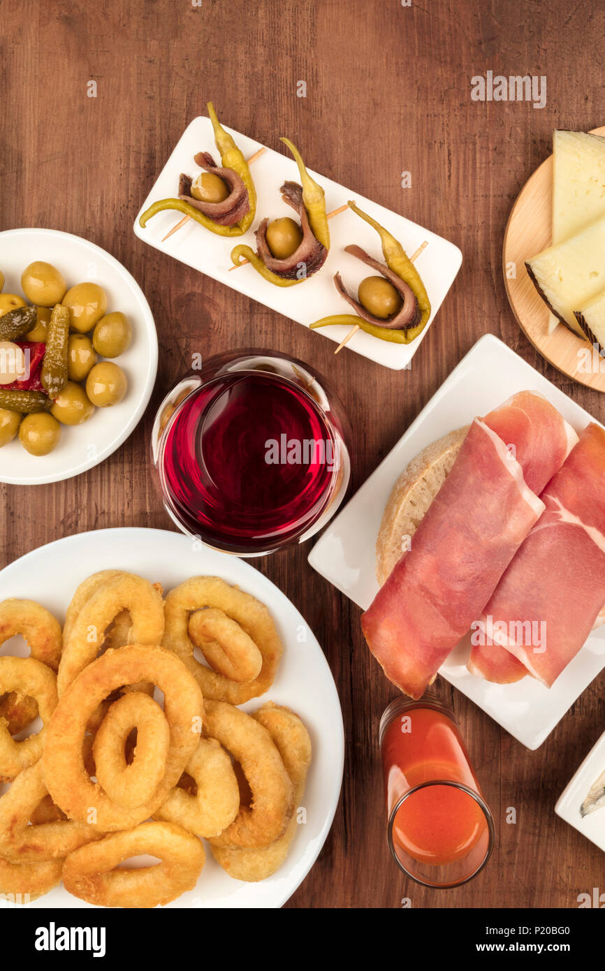The food of Spain. An overhead photo of different Spanish tapas, shot