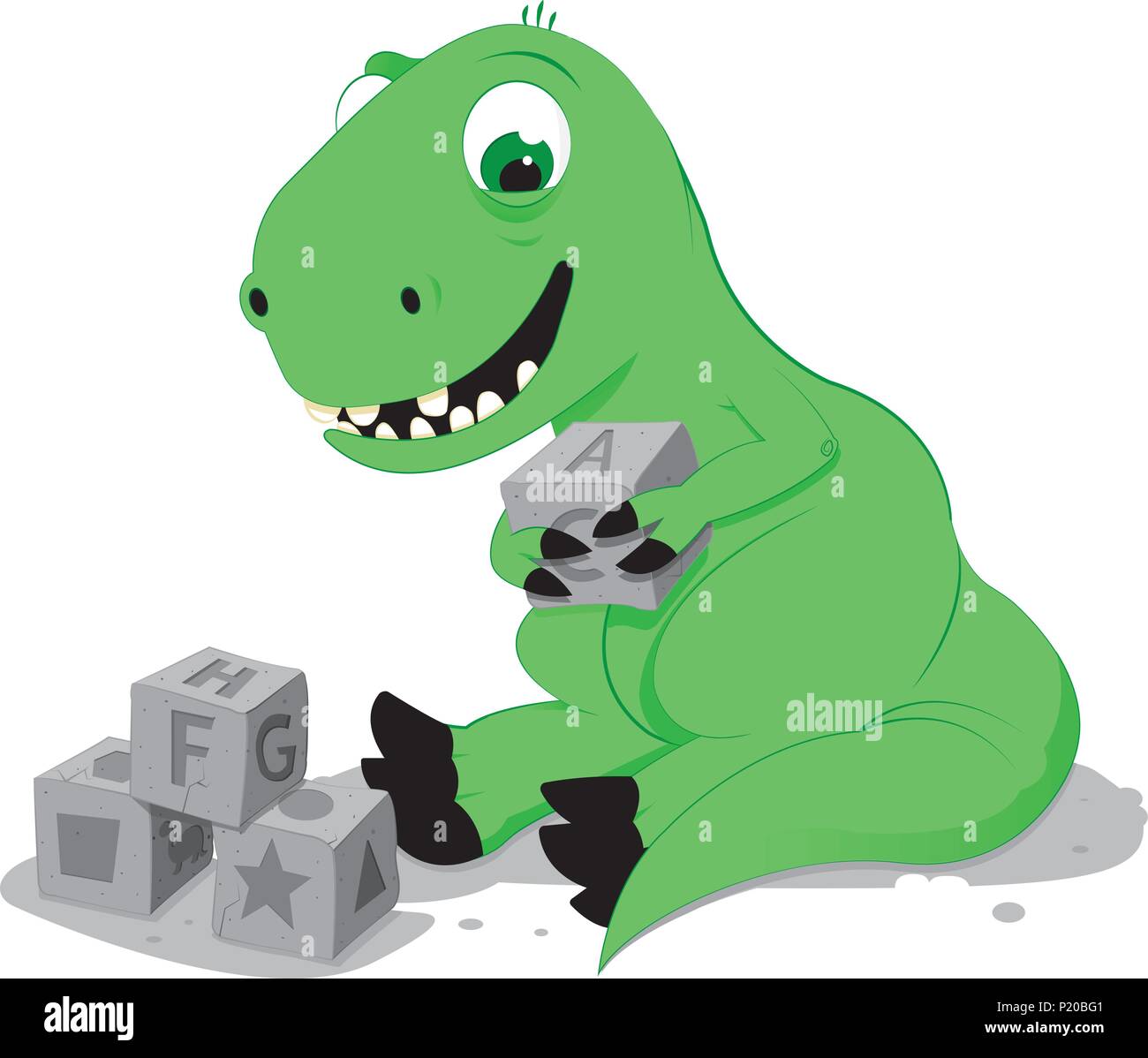 a vector cartoon representing a cute baby green dinosaur sitting on the ground and playing with some stone cube toys Stock Vector