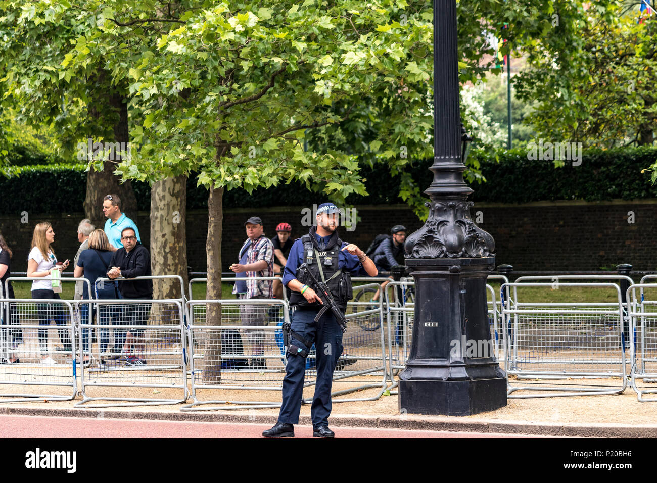 An armed Police officer of The Specialist Firearms Command SCO19  patrolling the crowds at The Trooping Of The Colour Ceremony, The Mall, London, UK Stock Photo