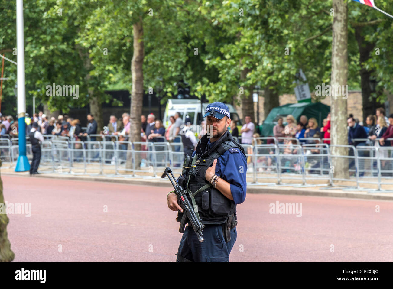 An armed Police officer of The Specialist Firearms Command SCO19 patrolling the crowds at The Trooping Of The Colour Ceremony, The Mall ,London 2018 Stock Photo