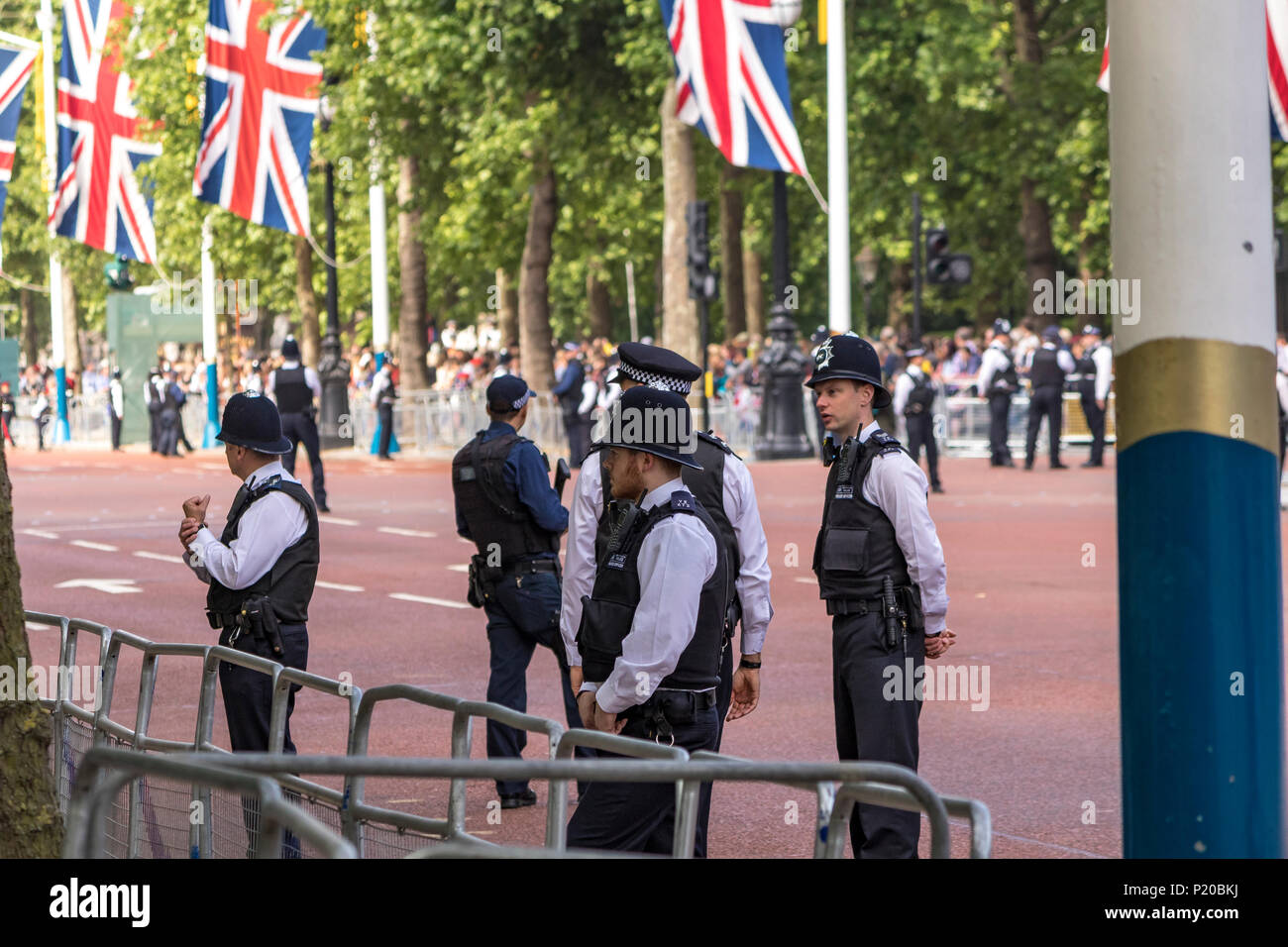 Metropolitan Police Officers on duty on The Mall at The Trooping The Colour parade or Queens Birthday Parade on The Mall , London, UK Stock Photo