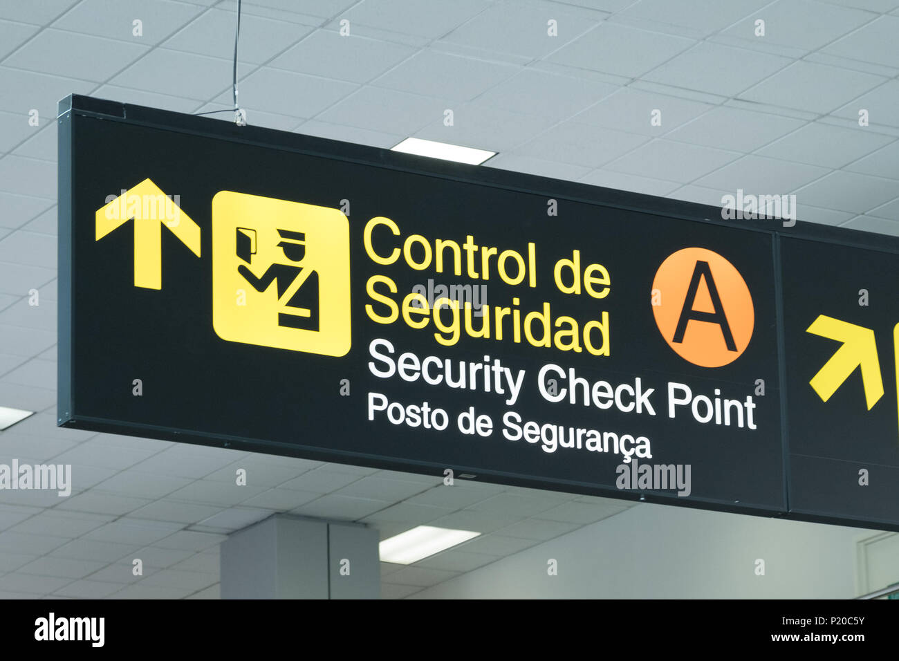 Panama City, Panama - march 2018: Airport information sign with security checkpoint pictogram symbol in Panama City Stock Photo