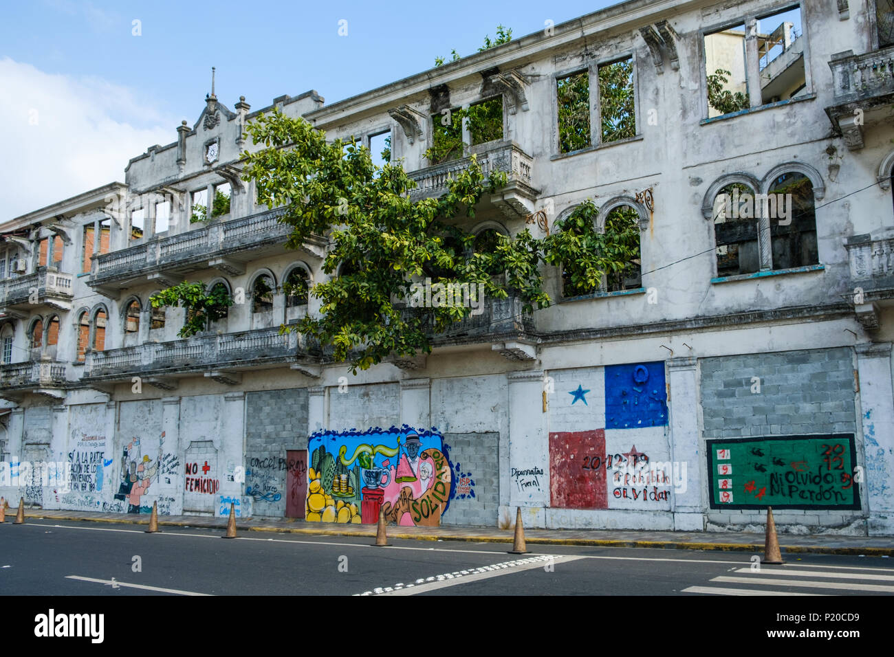 Panama City, Panama - march 2018: Old building ruin facade with graffiti in old town, Casco Viejo, Panama City Stock Photo