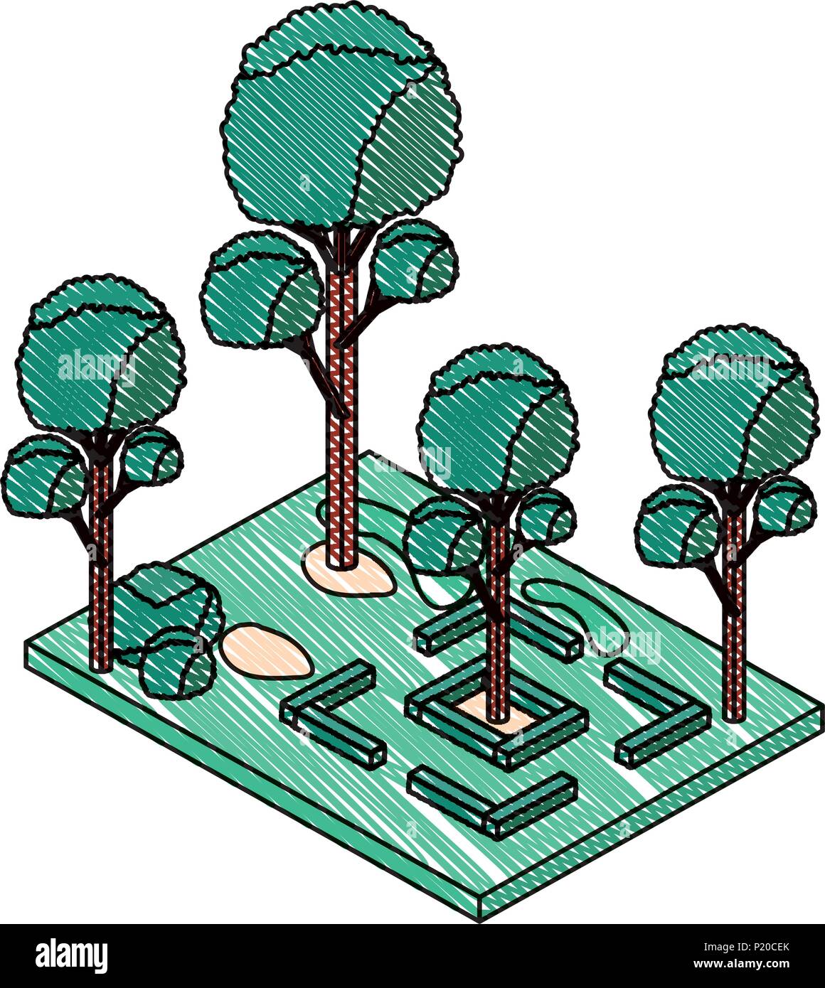 trees plants in the park scene isometric vector illustration design ...