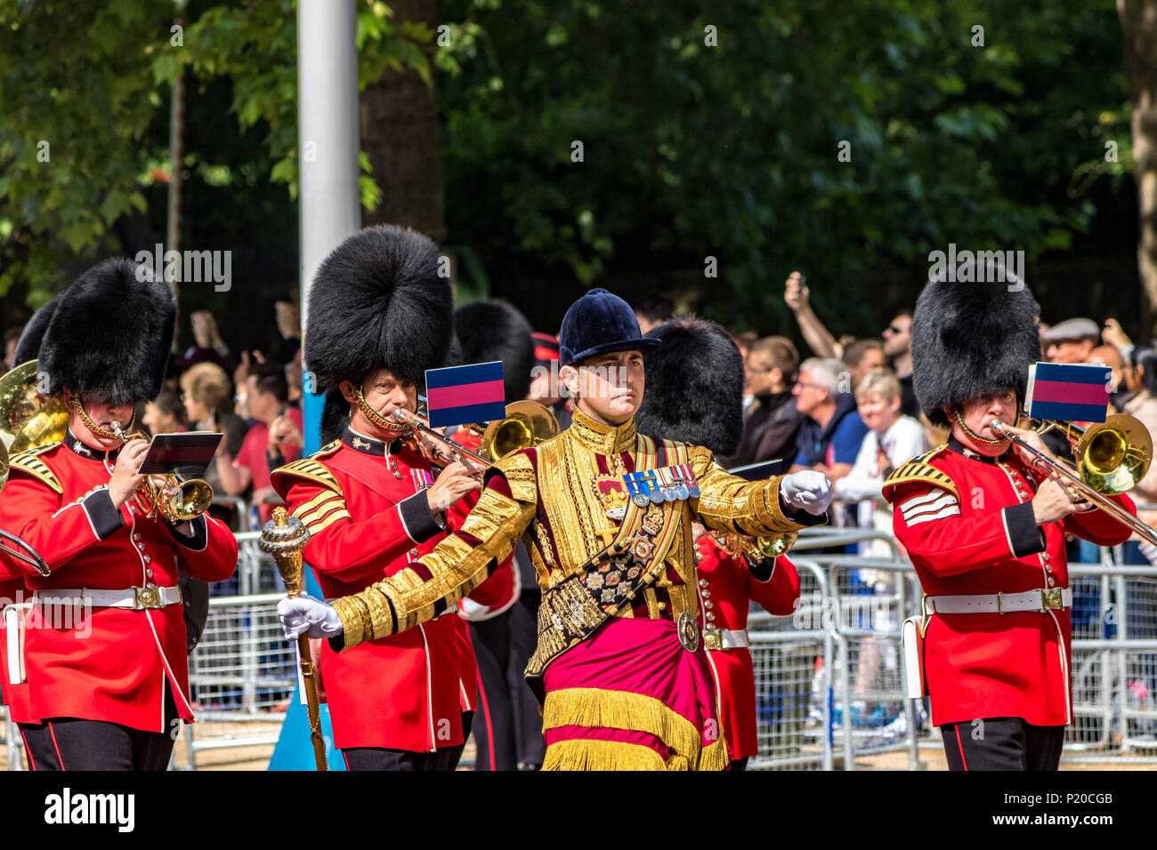 The Massed Bands of the Guards Division marching along The Mall at The Queen's Birthday Parade