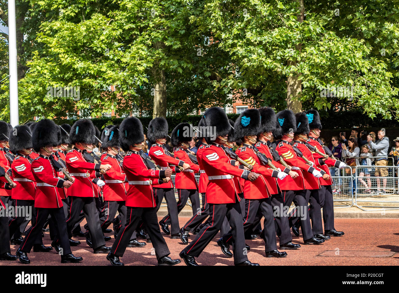 Soldiers of the Irish Guards marching in formation along The Mall at The Trooping Of The Colour or Queen's Birthday Parade, London ,UK  2018 Stock Photo