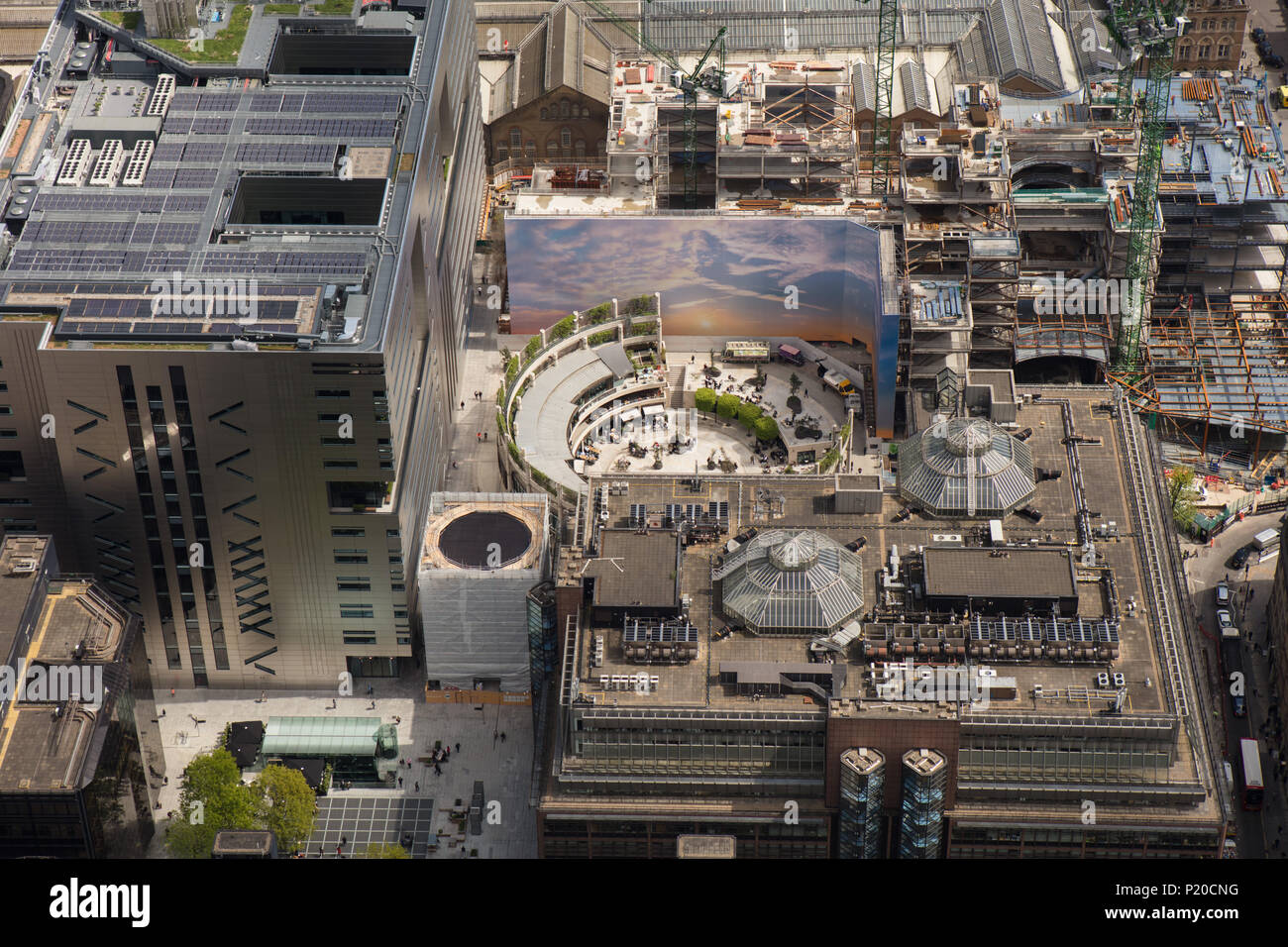 An aerial view showing Broadgate Circus in Central London and local building development Stock Photo