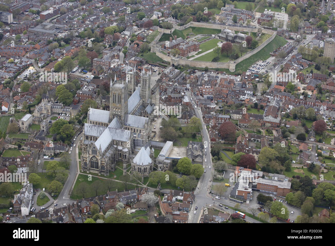 An aerial view of the Cathedral and Castle in Lincoln Stock Photo