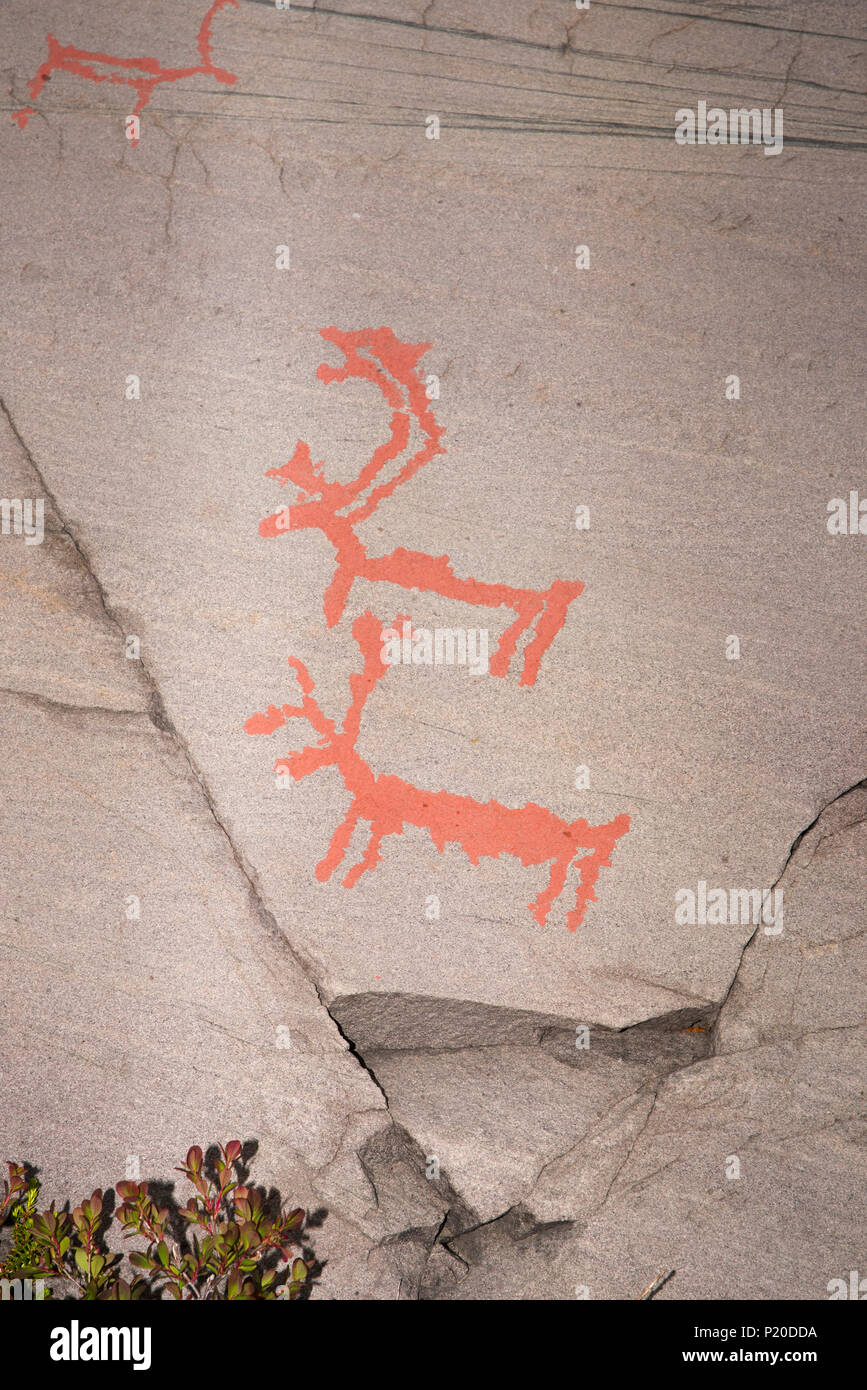 More than 7000 years ago  stoneage fishermen and Reindeer herders made rock carvings around World heritage site Alta in Fimnmark province in Norway. Stock Photo