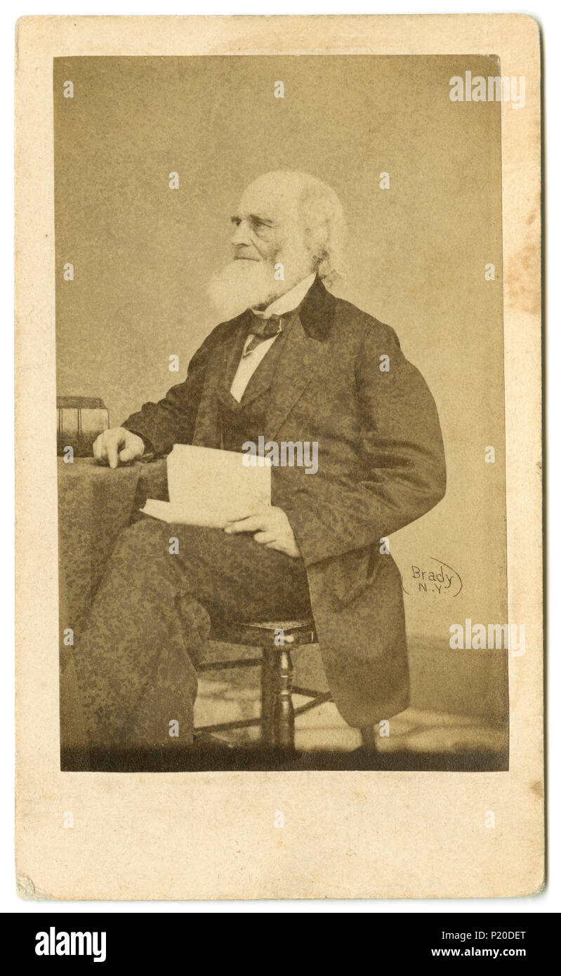 Antique circa 1870 carte de visite of William Cullen Bryant, from an original negative by Mathew Brady. William Cullen Bryant (1794 -1878) was an American romantic poet, journalist, and long-time editor of the New York Evening Post. SOURCE: ORIGINAL CDV Stock Photo