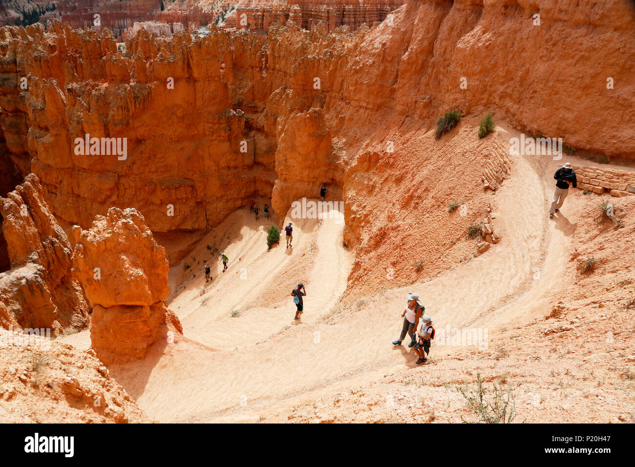 USA. Utah. Bryce Canyon. Sunset Point. Hiking Navajo Loop Trail. The spectacular descent at the bottom of the canyon. Hikers in the foreground. Stock Photo
