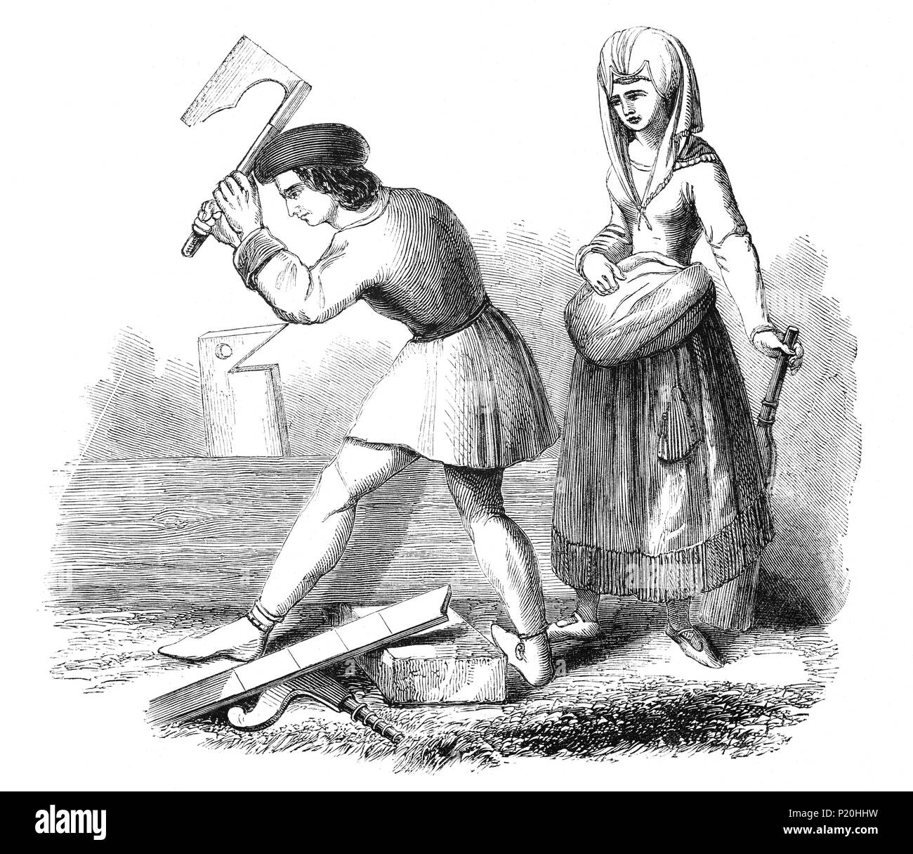 A French maid-servant and Carpenter, possibly one of those who fought against the  butcchers during the Cabochien revolt, an episode in the civil war between the Armagnacs and the Burgundians in the spring of 1413, when John the Fearless, duke of Burgundy, managed to raise the people of Paris. Stock Photo