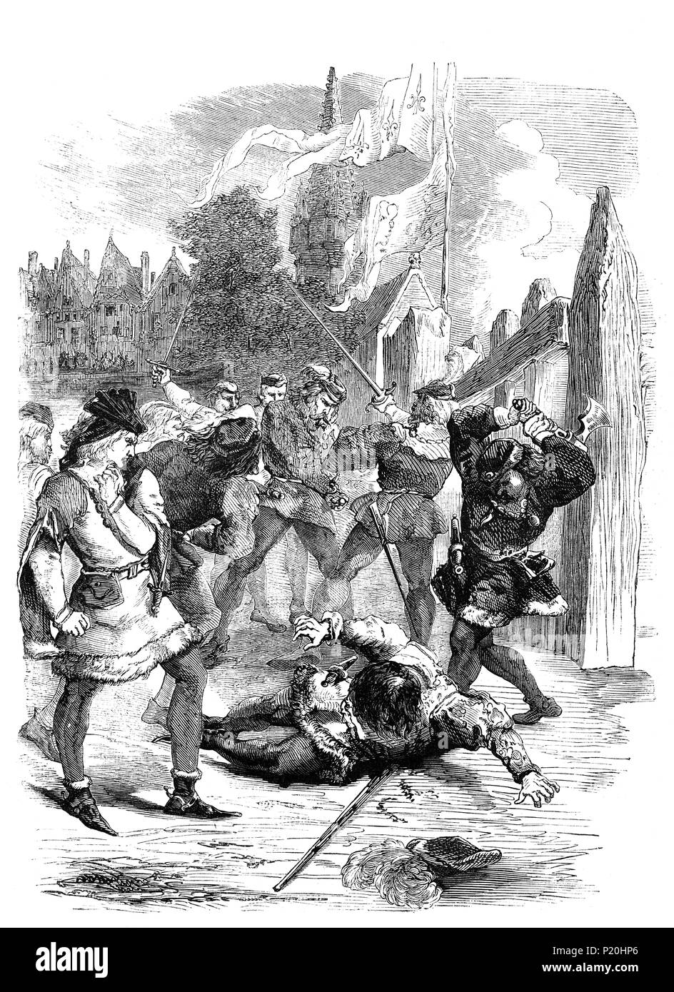 John the Fearless, Duke of Burgundy, being assassinated on the bridge at Montereau, in the Île-de-France region on 10 September 1419. It took place during a parley with the French dauphin (the future Charles VII of France) who was accompanied by his counsellors, Tanneguy du Chastel and Jean Louvet. The Duke knelt with respect before the Dauphin, who feigned indifference. Rising, John looked for support by putting his hand on the hilt of his épée and Tanneguy du Chastel delivered an axe blow to the Duke's face who was then stabbed repeatedly, while the Dauphin, at a distance, remained impassive Stock Photo