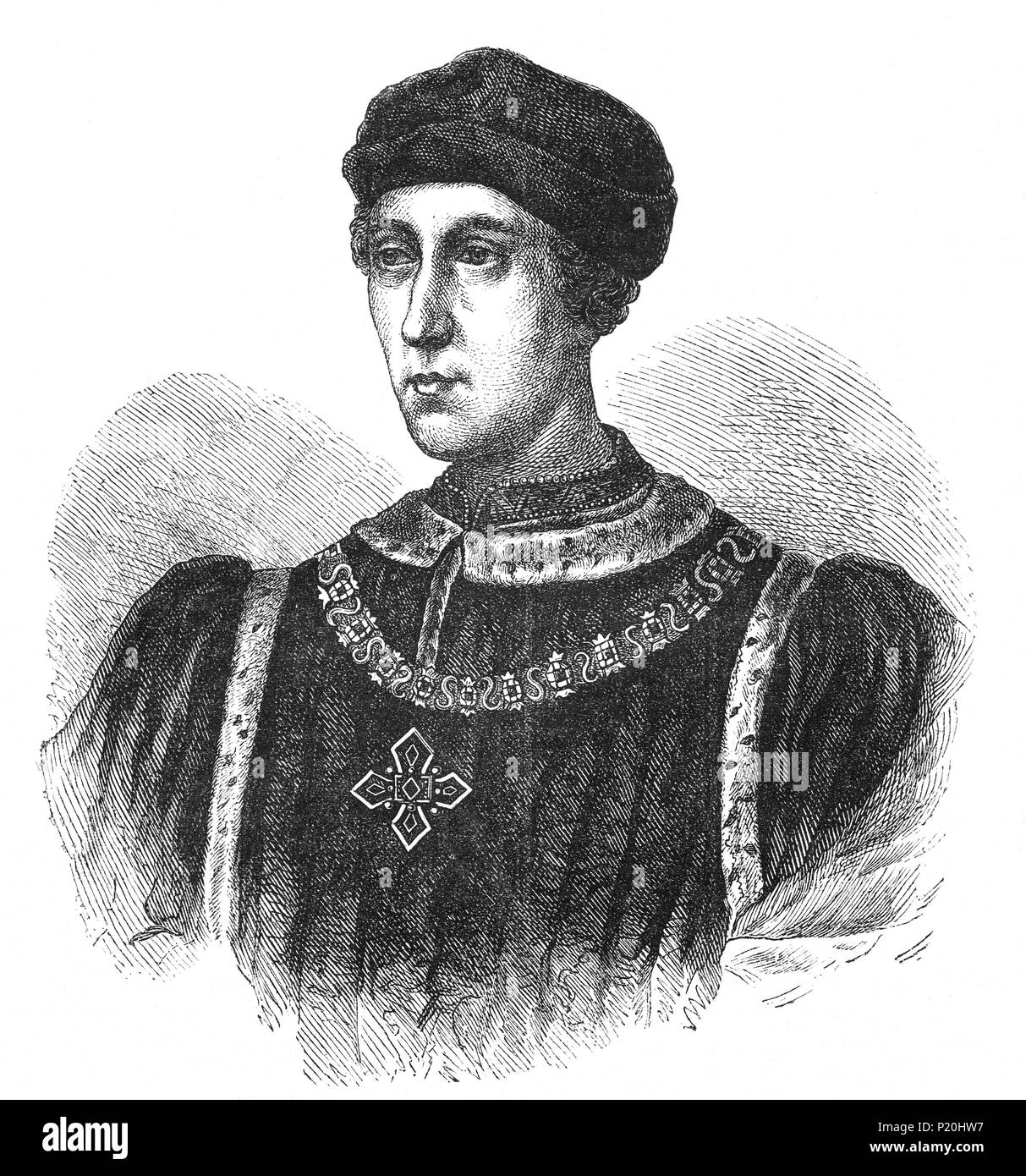 A portrait of Henry VI (1421-1471), King of England from 1422 to 1461 and again from 1470 to 1471, and disputed King of France from 1422 to 1453. The only child of Henry V, he succeeded to the English throne at the age of nine months upon his father's death, and succeeded to the French throne on the death of his maternal grandfather Charles VI shortly afterwards. Although his reign was scarred by the 100 Years War, his real lasting achievement was his fostering of education: he founded Eton College, King's College, Cambridge and All Souls College, Oxford. Stock Photo