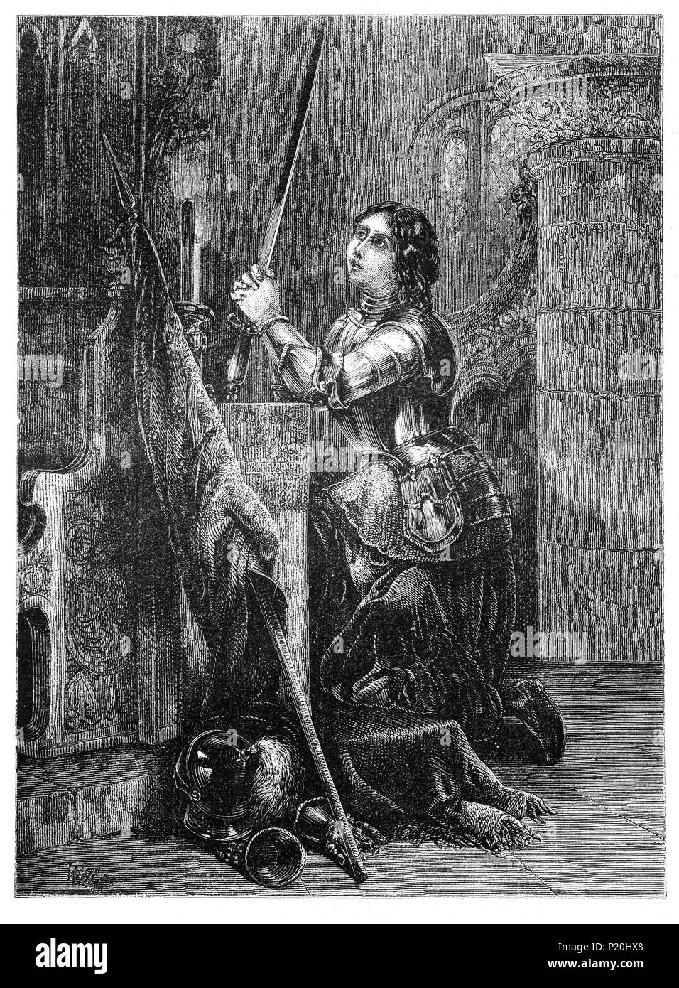 Portrait of Joan of Arc (1412-1431), nicknamed 'The Maid of Orléans' in full armour at prayer. She was considered a heroine of France for her role during the Lancastrian phase of the Hundred Years' War and was canonized as a Roman Catholic saint. Born to  a peasant family in north-east France. Joan said she received visions of the saints instructing her to support Charles VII and recover France from English domination late in the Hundred Years' War. The uncrowned King Charles VII sent Joan to the siege of Orléans which was lifted only nine days later. Stock Photo