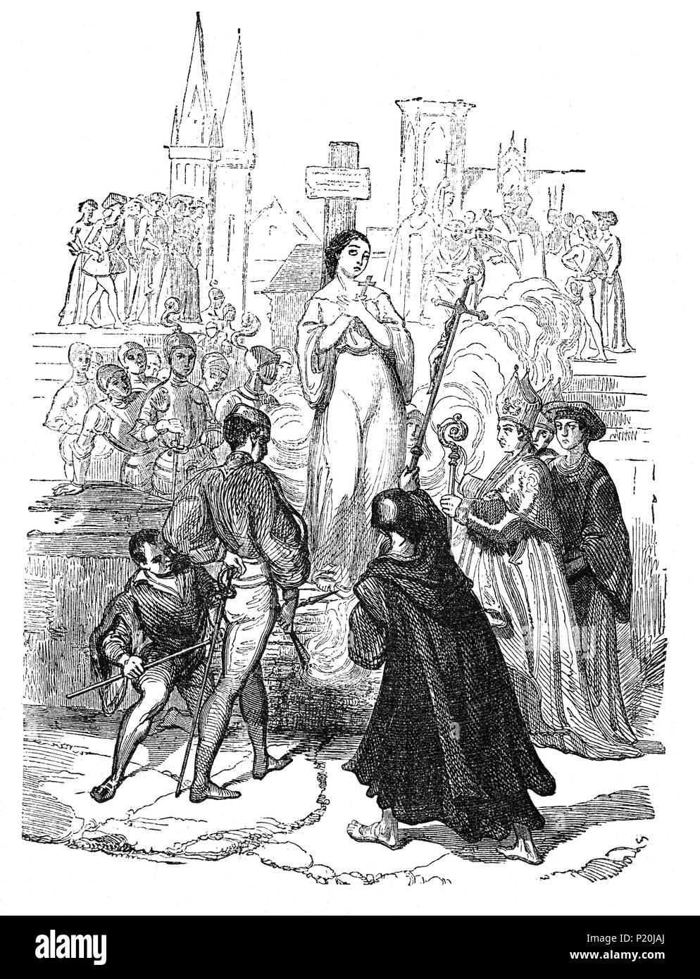 The execution of Joan Of Arc (1412-1431), aka 'The Maid of Orléans' by burning on 30 May 1431. Tied to a tall pillar at the Vieux-Marché in Rouen, she asked two of the clergy, Fr Martin Ladvenu and Fr Isambart de la Pierre, to hold a crucifix before her. An English soldier also constructed a small cross that she put in the front of her dress. The English burned the body twice more, to reduce it to ashes and prevent any collection of relics, and cast her remains into the Seine River. Stock Photo