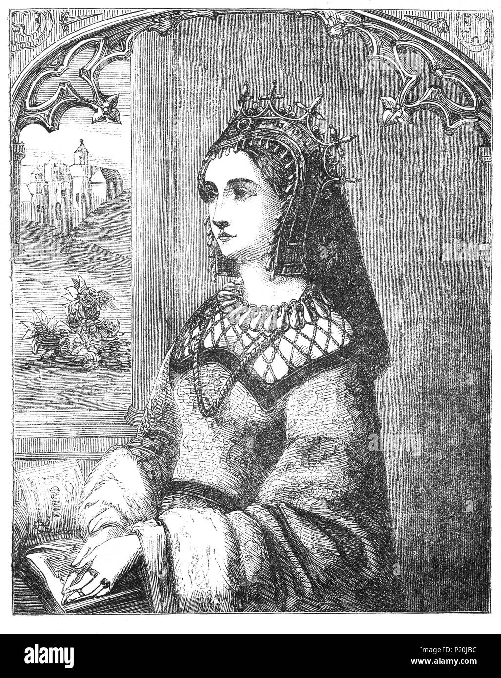 Margaret of Anjou (1430-1482) was the Queen of England by marriage to King Henry VI from 1445 to 1461 and again from 1470 to 1471. She was a principal figure in the Wars of the Roses and at times personally led the Lancastrian faction. Owing to her husband's frequent bouts of insanity, Margaret ruled the kingdom and it was she who called for a Great Council in 1455 that excluded the Yorkist faction headed by Richard of York, 3rd Duke of York, the spark that ignited a civil conflict that lasted for more than 30 years. After defeat at Tewkesbury she lived in France and died there in 1482. Stock Photo