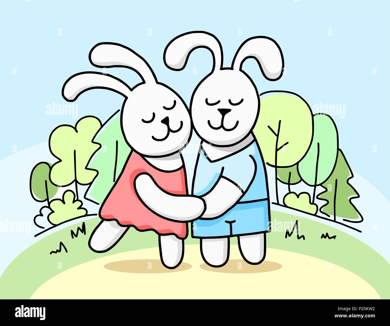 Couple of cute loving vector bunnies hold by hands. Cartoon flat animal illustration Stock Vector