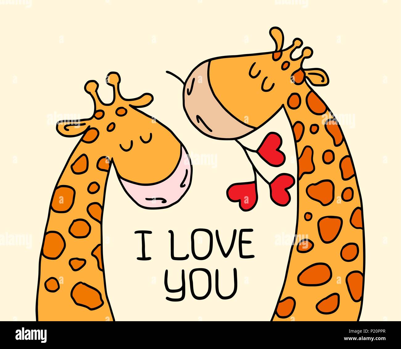 Two cute giraffes on yellow isolated background. Cartoon love card vector flat illustration of couple animals Stock Vector