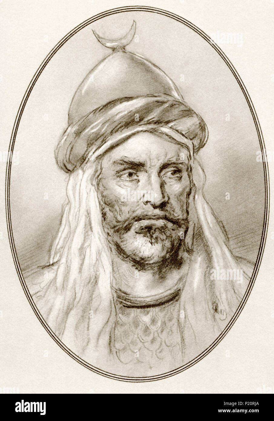 An-Nasir Salah ad-Din Yusuf ibn Ayyub, aka Salah ad-Din or Saladin, 1137 – 1193.  First sultan of Egypt and Syria and the founder of the Ayyubid dynasty.  Illustration by Gordon Ross, American artist and illustrator (1873-1946), from Living Biographies of Famous Rulers. Stock Photo