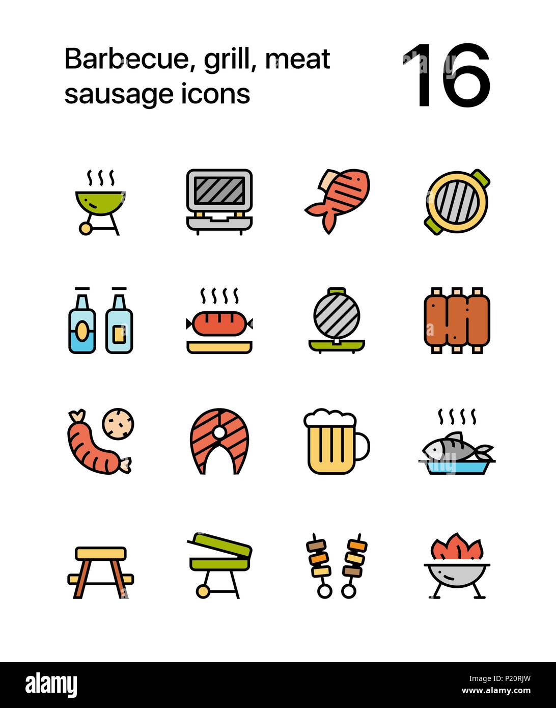 Colored Barbecue, grill, meat, sausage icons for web and mobile design pack 2 Stock Vector