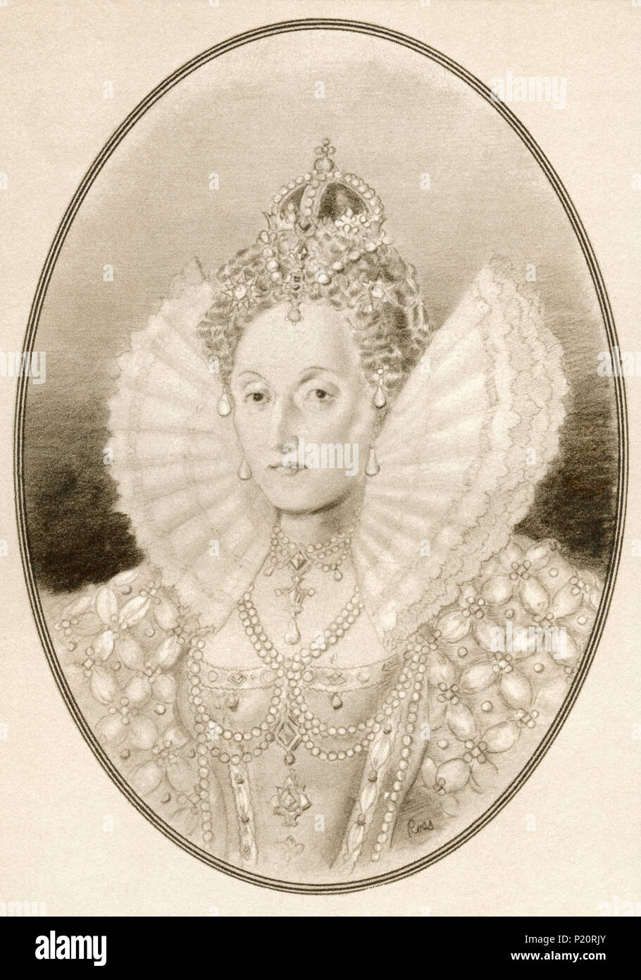 Elizabeth I, aka The Virgin Queen, Gloriana or Good Queen Bess, 1533 – 1603. Queen of England and Ireland. Illustration by Gordon Ross, American artist and illustrator (1873-1946), from Living Biographies of Famous Rulers. Stock Photo