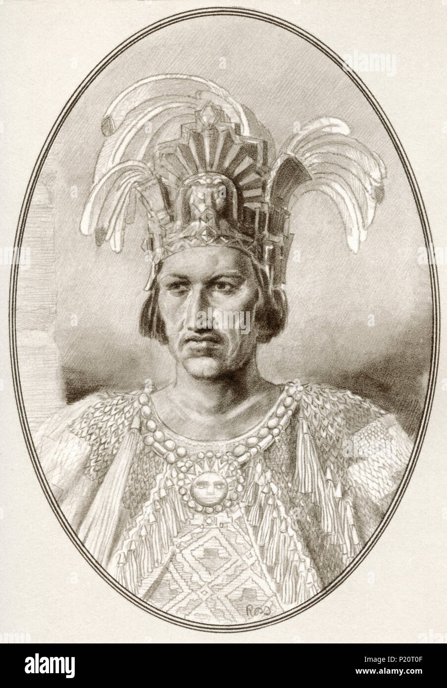 Moctezuma II , c. 1466 – 1520, also spelled Montezuma, Moteuczoma, Motecuhzoma, Motēuczōmah, and Motecuhzoma Xocoyotzin. Ninth tlatoani or ruler of Tenochtitlan, Mexico.  Illustration by Gordon Ross, American artist and illustrator (1873-1946), from Living Biographies of Famous Rulers. Stock Photo