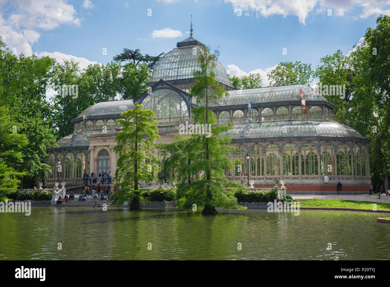 Crystal Palace Madrid, view of the Palacio Cristal and lake in the centre of the Parque del Retiro in Madrid, Spain. Stock Photo