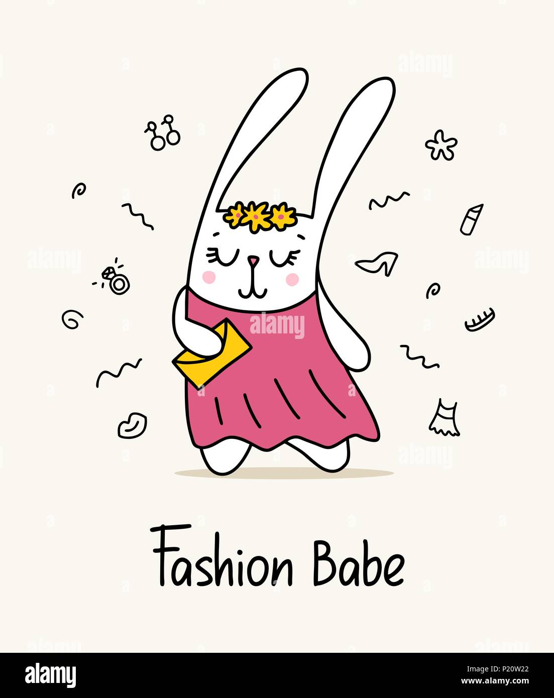 Cute bunny fashion babe in pink dress with gold color purse. Funny