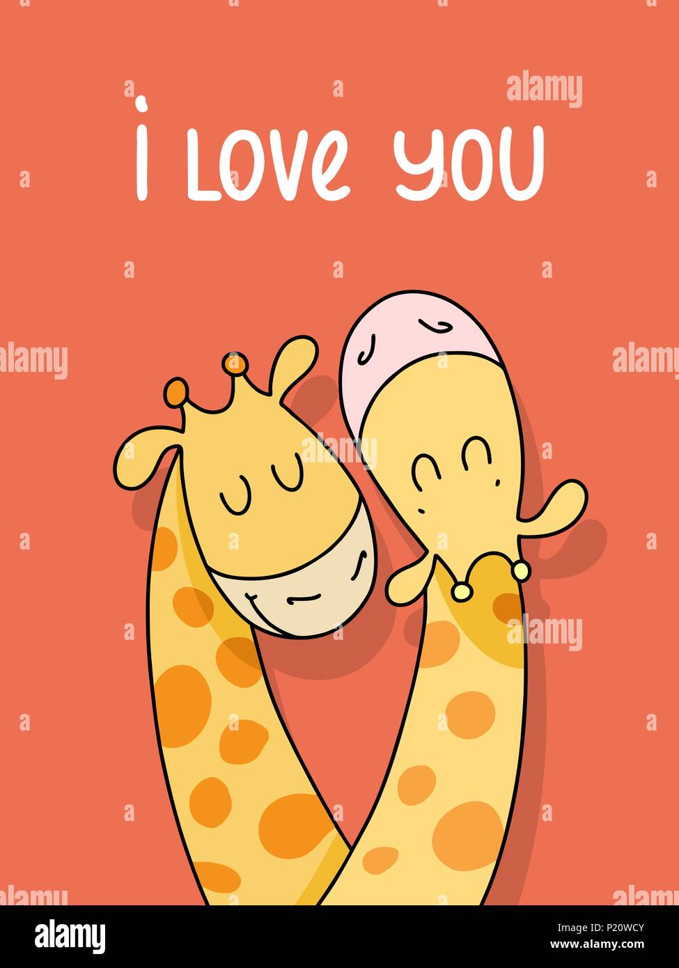 Couple of two cute giraffes isolated on red background. I love you vector cartoon illustration poster Stock Vector