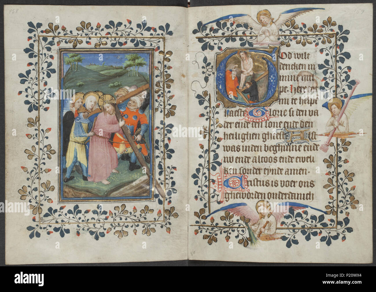. Book of hours by the Master of Zweder van Culemborg - KB 79 K 2 - folios 079v (left) and 080r (right) .  Lefthand side folio 079v and righthand side folio 080r from the Book of hours by the Master(s) of Zweder van Culemborg Illuminations on the left folio 079v The full-page miniature shows The carrying of the cross: Christ bears the cross The apostle john the evangelist; possible attributes: book, cauldron, chalice with snake, eagle, palm, scroll - non-miraculous activities and events  male saint (11H(JOHN)4) Carrying of the cross: christ bearing the cross, alone or with the help of others  Stock Photo