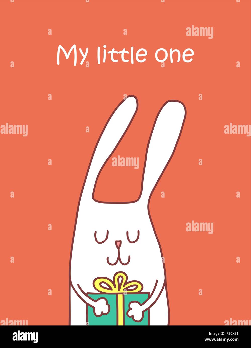 Funny white rabbit with gift in hands isolated on red background. My little one flat vector illustration poster Stock Vector