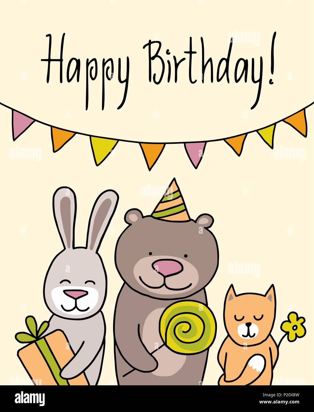 Happy Birthday Friend Cute Images Happy Birthday Flat Vector Illustration With Three Friends. Cute Rabbit,  Bear And Cat On Yellow Background Stock Vector Image & Art - Alamy