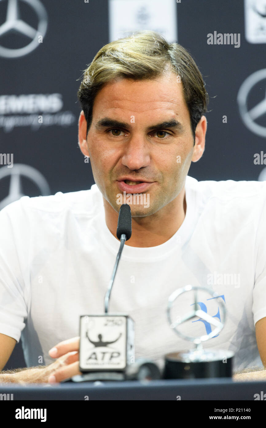 Roger Federer (SUI) answers questions in the press conference. Portrait, PortrÃ t, Headshot, Head. GES / Tennis / ATP: MercedesCup, 18.06.2017 Tennis ATP: MercedesCup, Stuttgart, June 18, 2017 - | usage worldwide Stock Photo