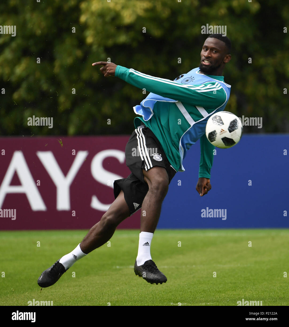 Moscow, Russia. 13th June, 2018. Germany's Antonio Ruediger attends a training session ahead of the 2018 Russia World Cup in Moscow, Russia, on June 13, 2018. Credit: Chen Cheng/Xinhua/Alamy Live News Stock Photo