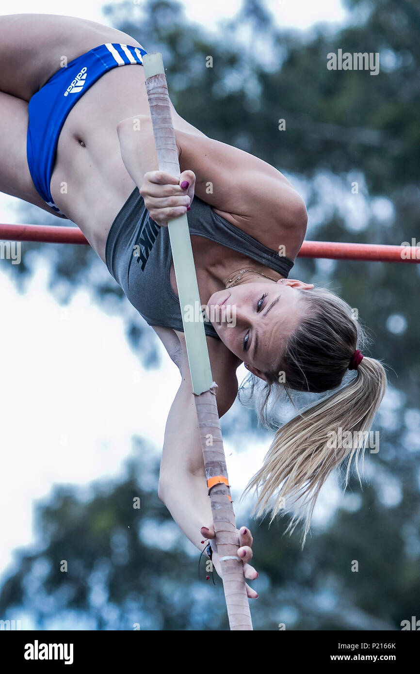 Athens, Greece. 13th June, 2018. Eva Kotsacheili of Greece competes in Pole Vault at the Filothei Women Gala in Athens, Greece, June 13, 2018. Credit: Panagiotis Moschandreou/Xinhua/Alamy Live News Stock Photo