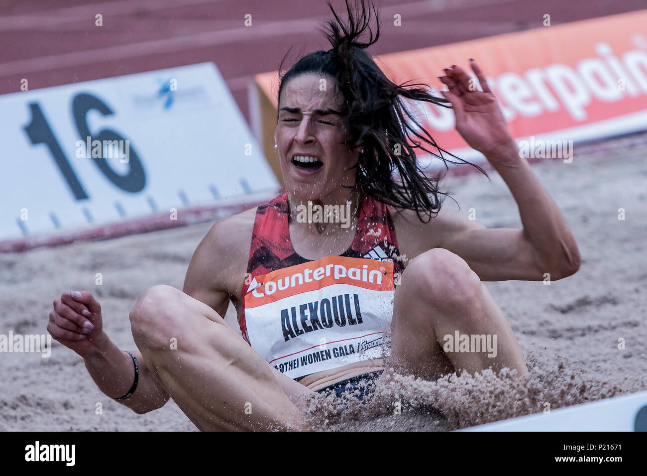 Athens, Greece. 13th June, 2018. Haido Alexouli of Greece competes in Long Jump at the Filothei Women Gala in Athens, Greece, June 13, 2018. Credit: Panagiotis Moschandreou/Xinhua/Alamy Live News Stock Photo
