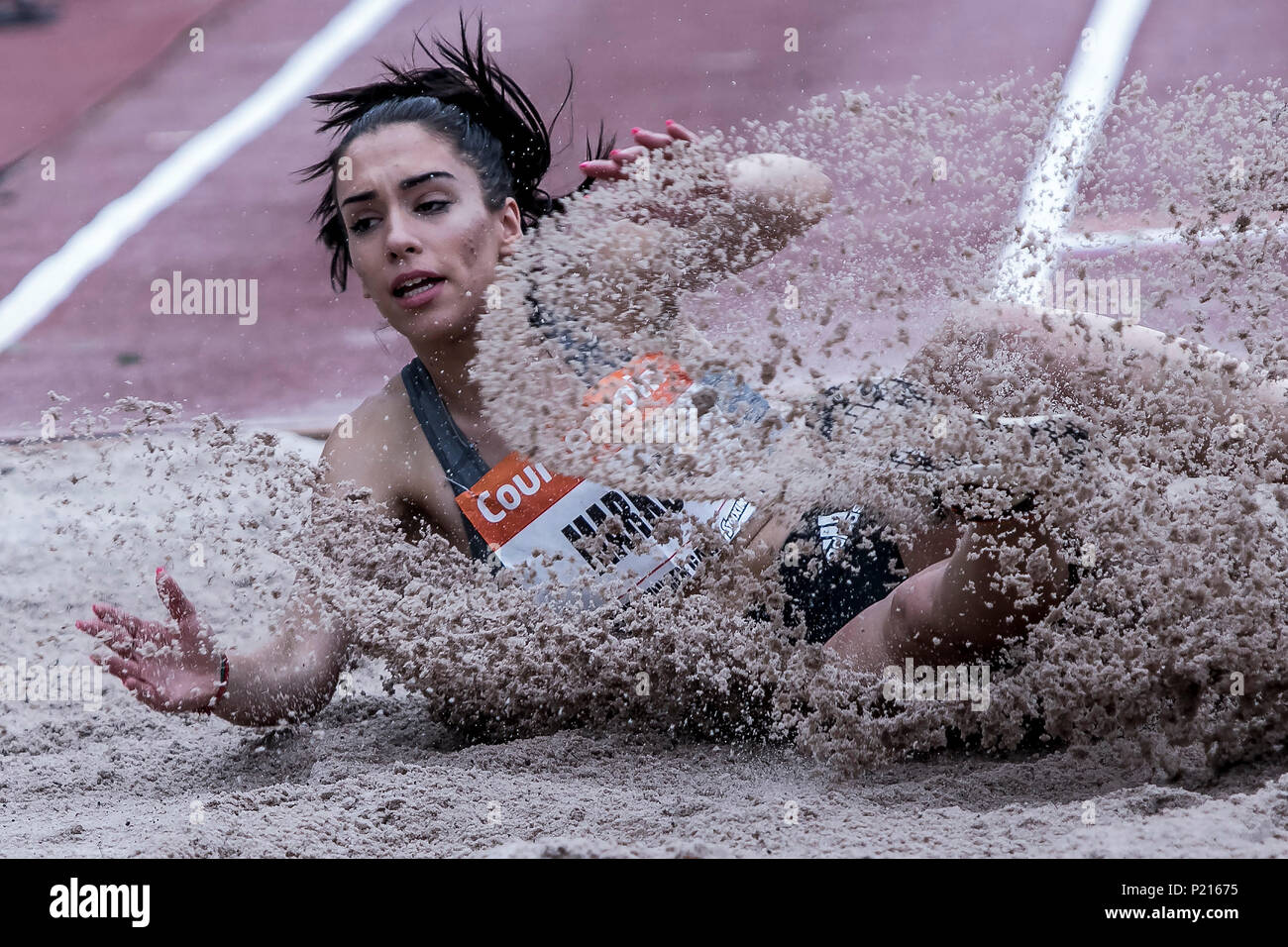 Athens, Greece. 13th June, 2018. Christiana Markou of Greece competes in Long Jump at the Filothei Women Gala in Athens, Greece, June 13, 2018. Credit: Panagiotis Moschandreou/Xinhua/Alamy Live News Stock Photo