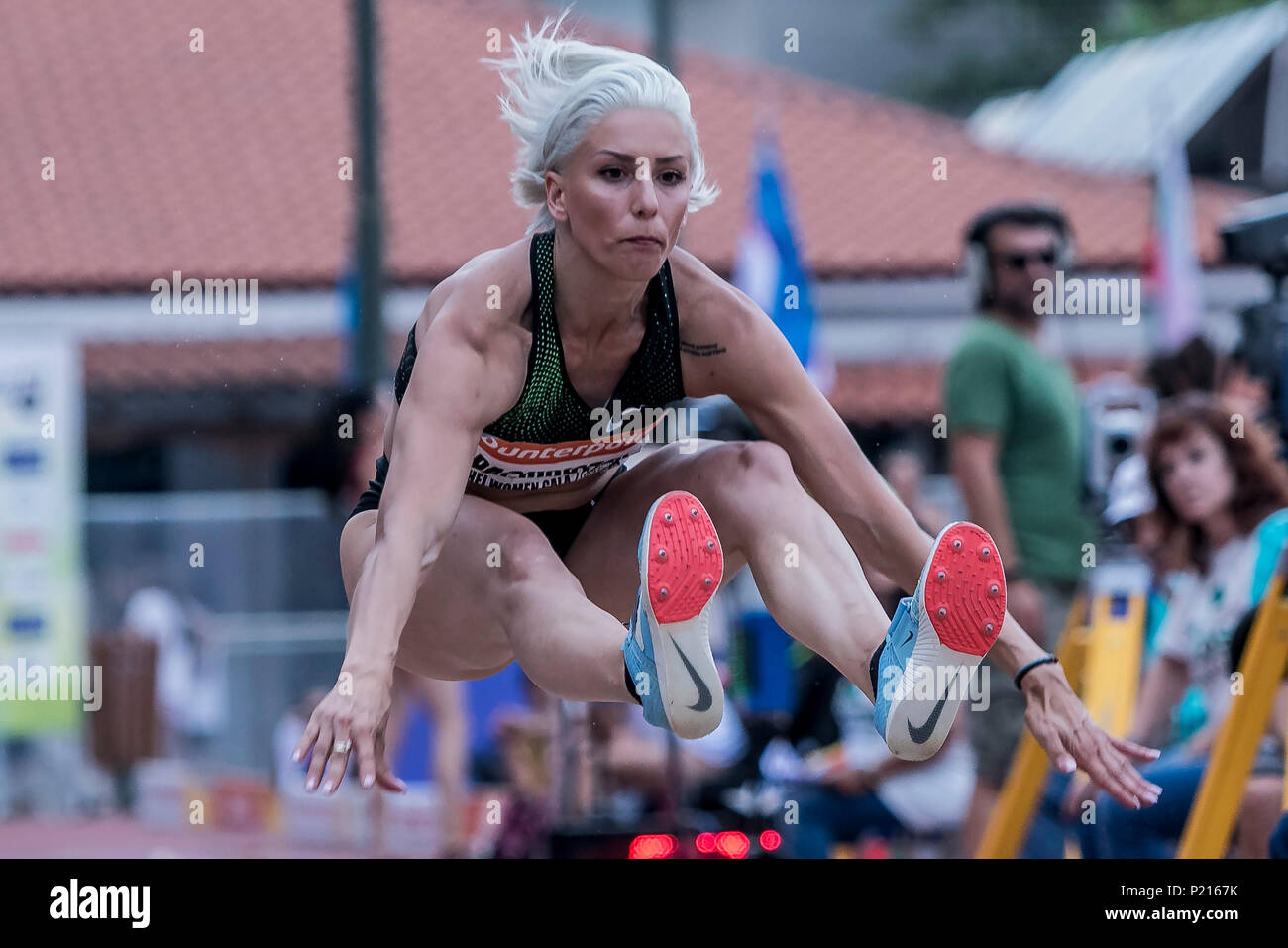 Athens, Greece. 13th June, 2018. Paraskevi Papachristou of Greece competes in Long Jump at the Filothei Women Gala in Athens, Greece, June 13, 2018. Credit: Panagiotis Moschandreou/Xinhua/Alamy Live News Stock Photo