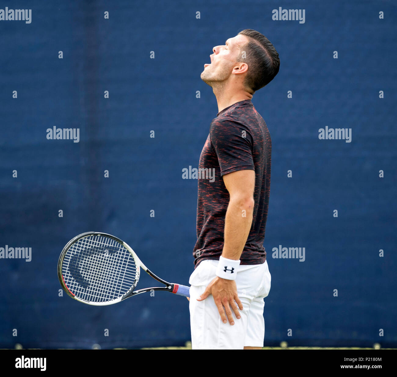 Nottingham Tennis Centre, Nottingham, UK. 13th June, 2018. The Nature Valley Open Tennis Tournament; Tobias Kamke (GER) shows an emotional response to a poor shot Credit: Action Plus Sports/Alamy Live News Stock Photo